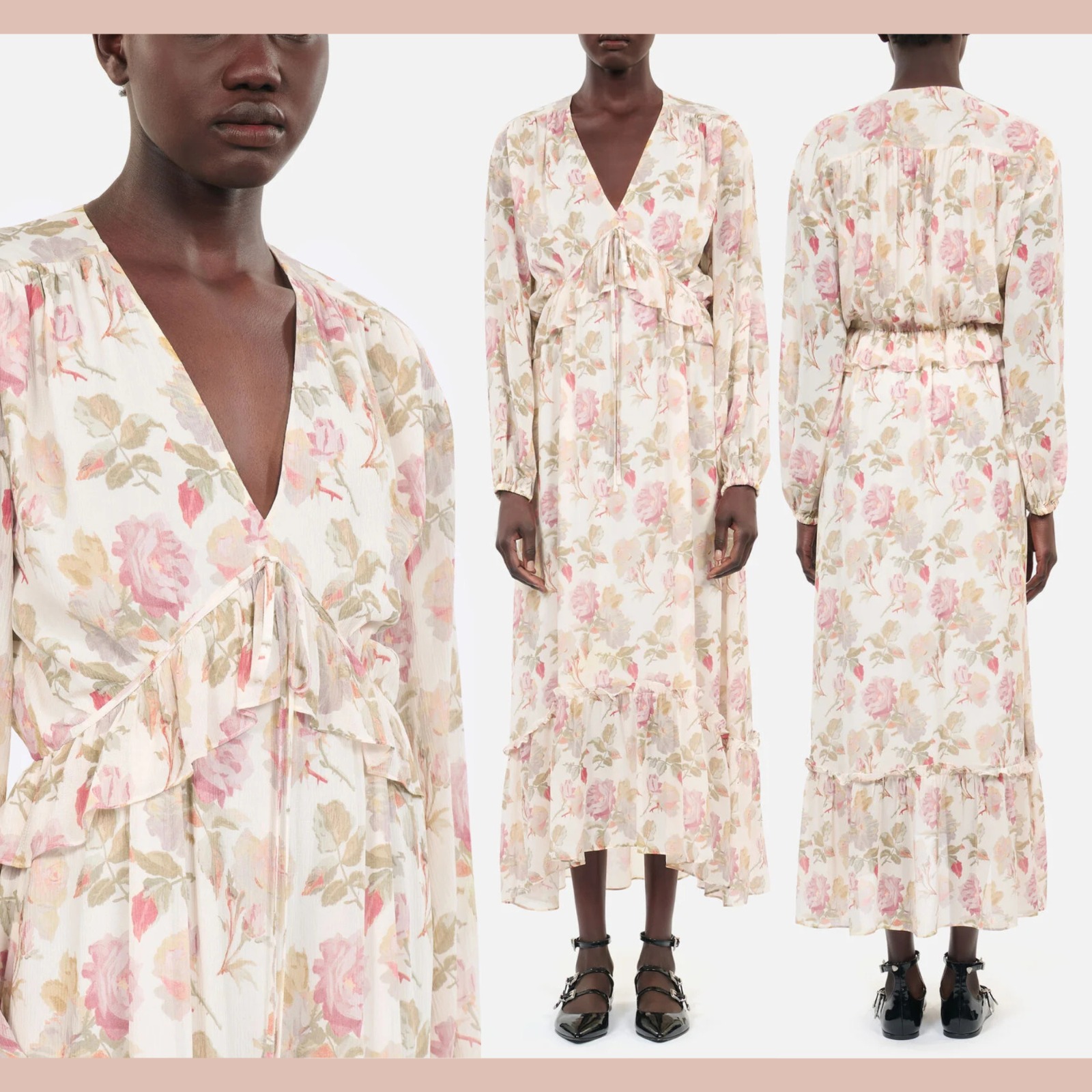 Nwt $715 The Kooples [ Sz 3 ] V Neck Printed Floral Silk Midi Dress Beige U1263